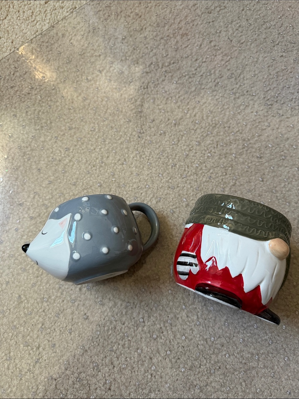 Whimsical Hedgehog and Gnome Ceramic Mug Set - Gray & Red